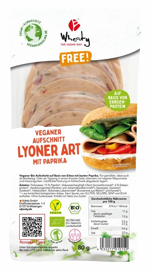 Wheaty Veganer Aufschnitt Lyoner Art Mit Paprika, 3 Wheaty Veganer Aufschnitt Lyoner Art Mit Paprika,